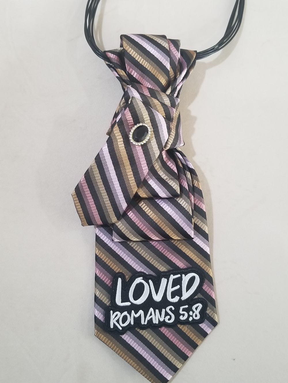 Striped 'Loved Romans 5:8' Novelty Tie - Pink, Gold, Black